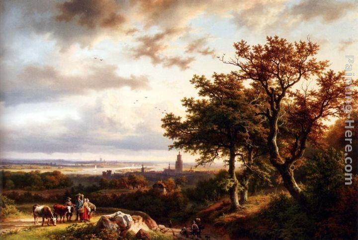 Barend Cornelis Koekkoek A Panoramic Rhenish Landscape With Peasants Conversing On A Track In The Morning Sun
